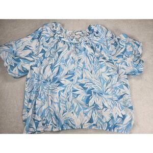 77 Park Tropical Floral Blouse Large Blue White Off Shoulder Lightweight Resort